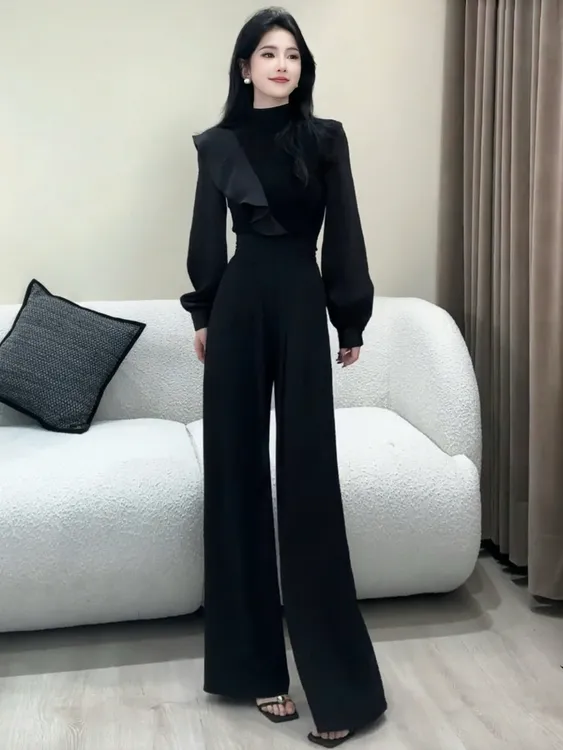 韩系早秋穿搭一整套贵气感御姐气质半高领长袖T恤西装阔腿裤套装