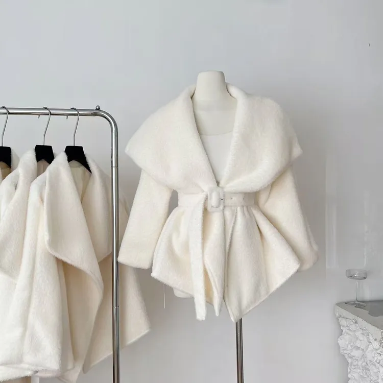 2025新款女装秋冬韩版宽松休闲慵懒大翻领系带收腰毛呢大衣外套女