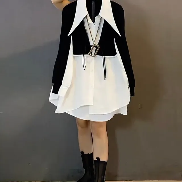 胖妹韩版时尚拼接盘扣设计显瘦衬衫秋季大码简约高级感休闲上衣女