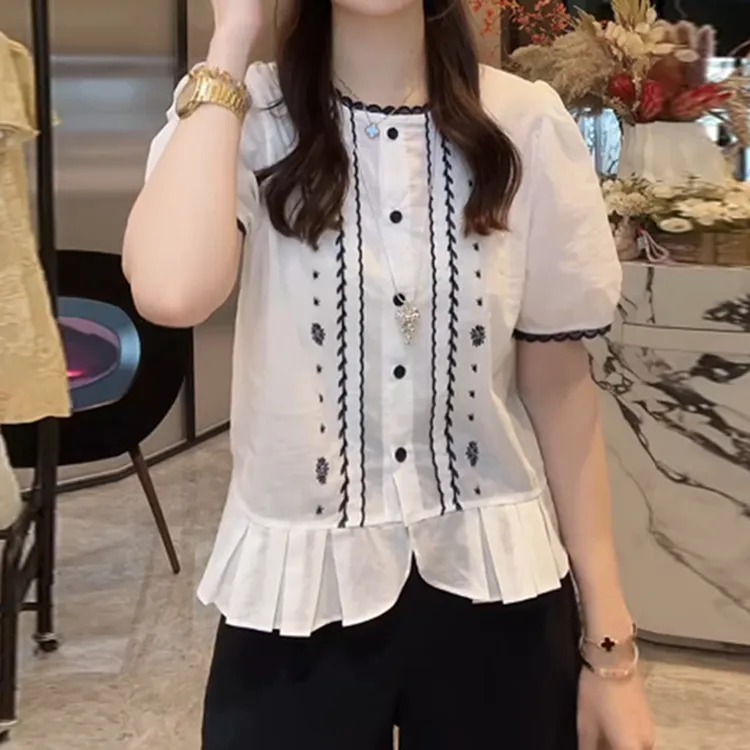 木耳边排扣衬衫新款藏肉巨遮肚子显瘦上衣女短袖减龄洋气胖mm大码