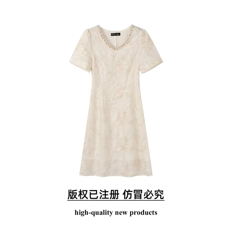 奢姿大码女装2025年夏装新款时尚优雅V领短袖亮片花卉刺绣连衣裙