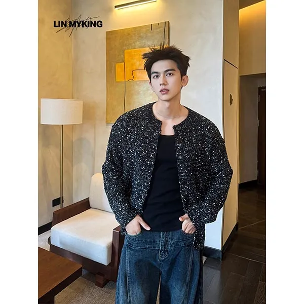 LIN MYKING 高级感时髦小众设计小香风亮片针织开衫外套夹克男