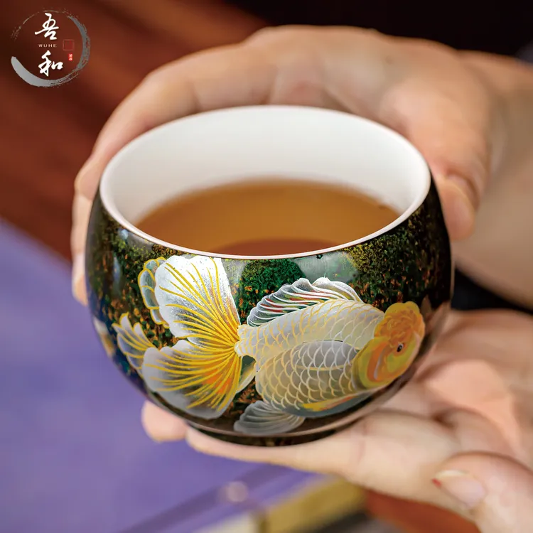 吾和漆器茶具 福州非遗大漆手绘鱼主人杯 德化白瓷高档礼盒装茶杯