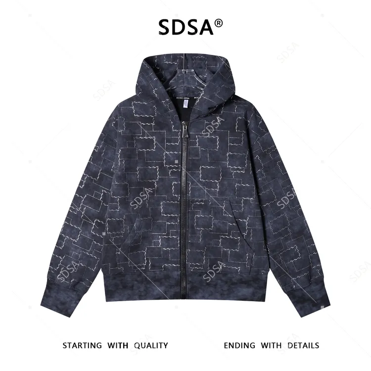 SDSA秋冬新款痞帅男装复古不规则图形滴胶开衫拉链连帽卫衣百搭
