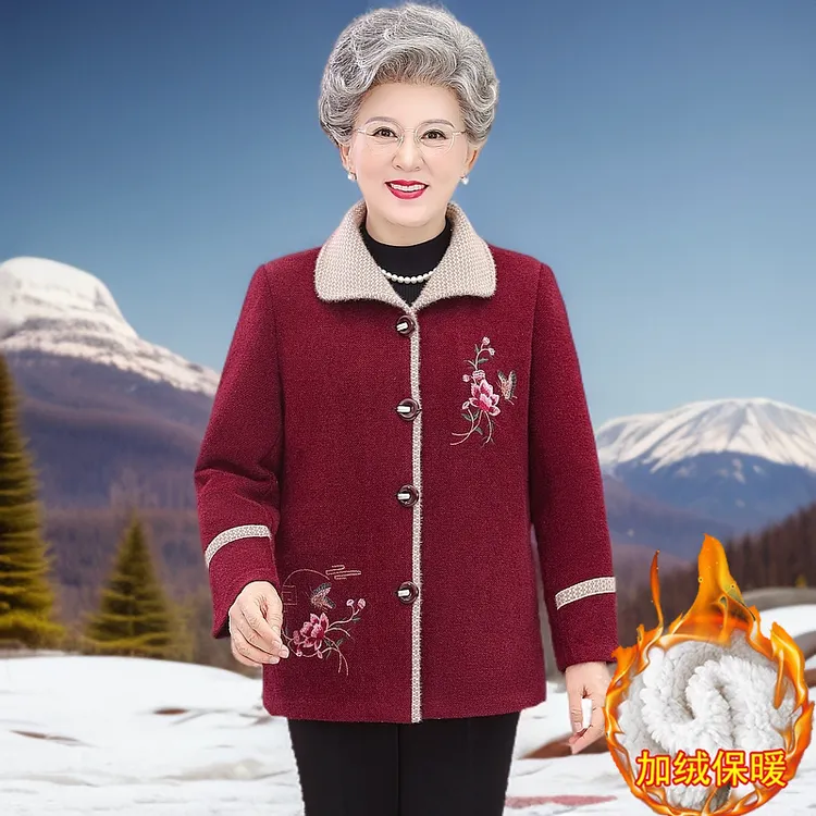 POLO领常规中老年女装加厚中老年老人毛呢妈妈装中年洋气外套