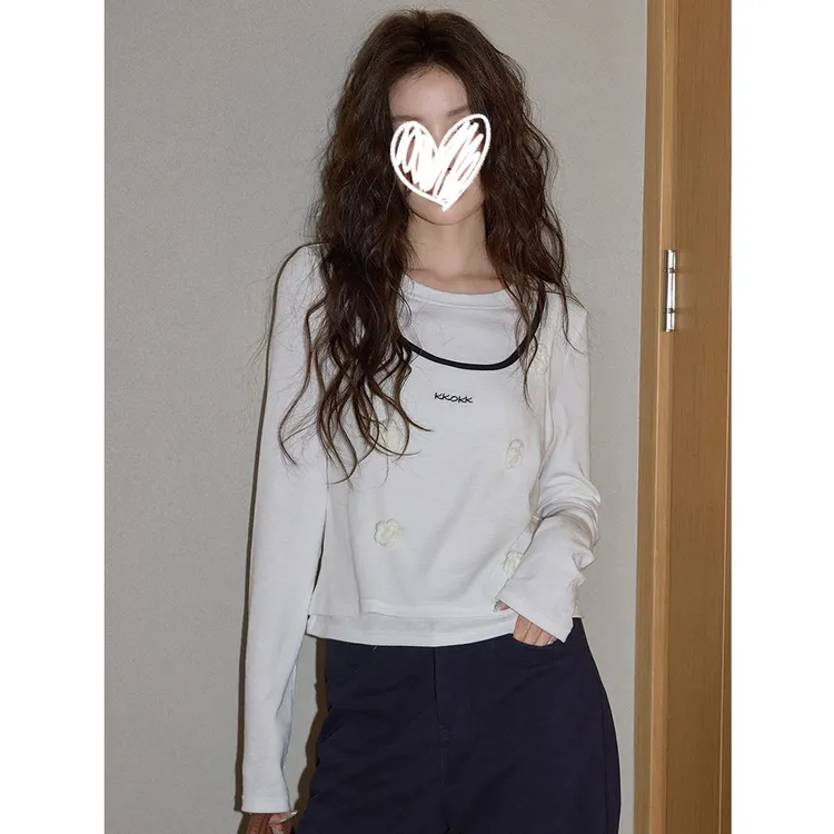 设计感小众米白色圆领吊带长袖T恤女2025秋季高级气质假两件上衣
