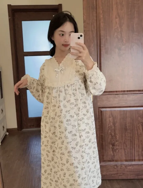 【纯棉双层纱】田园风蕾丝花边宽松长袖睡裙