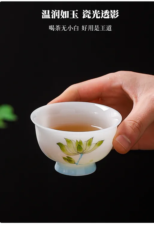家用德化白瓷冰种璞玉手绘釉下彩高足主人杯高档简约陶瓷送礼高档