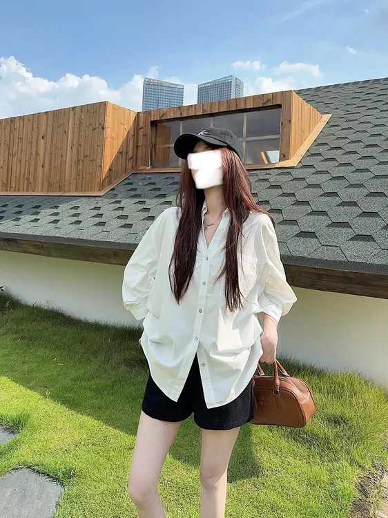 白色polo领长袖衬衫女夏季宽松防晒休闲衬衣百搭通勤上衣AM8068