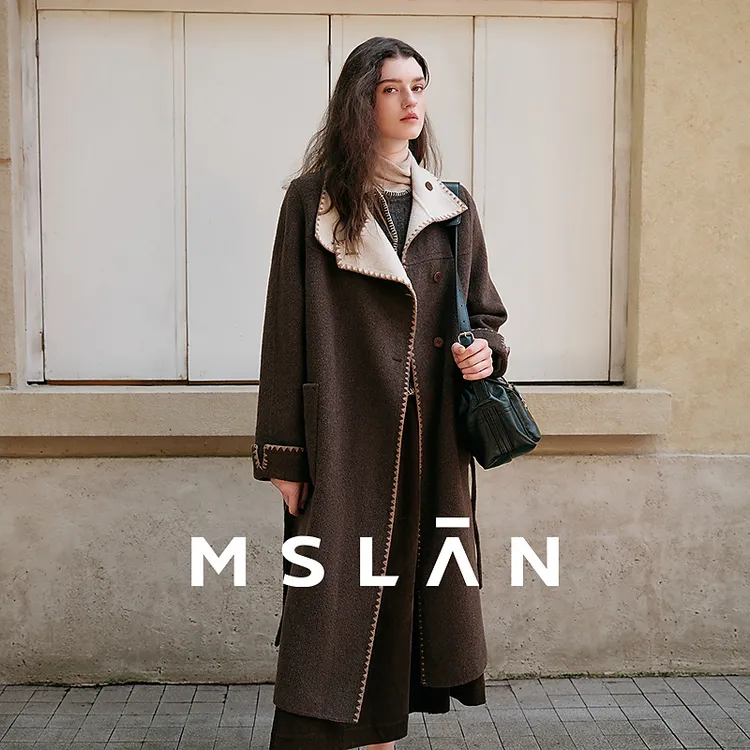 MSLAN轻呢复古立领深浅双面穿毛呢贝壳绣长款双面呢外套MHDD478