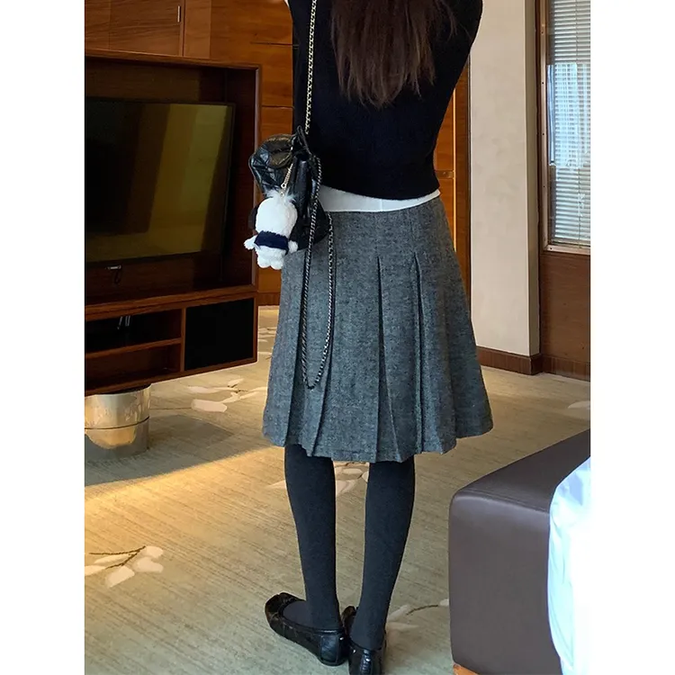 耶古灰色层次感毛呢半身裙女秋季款设计感两穿高腰a字百褶中长裙