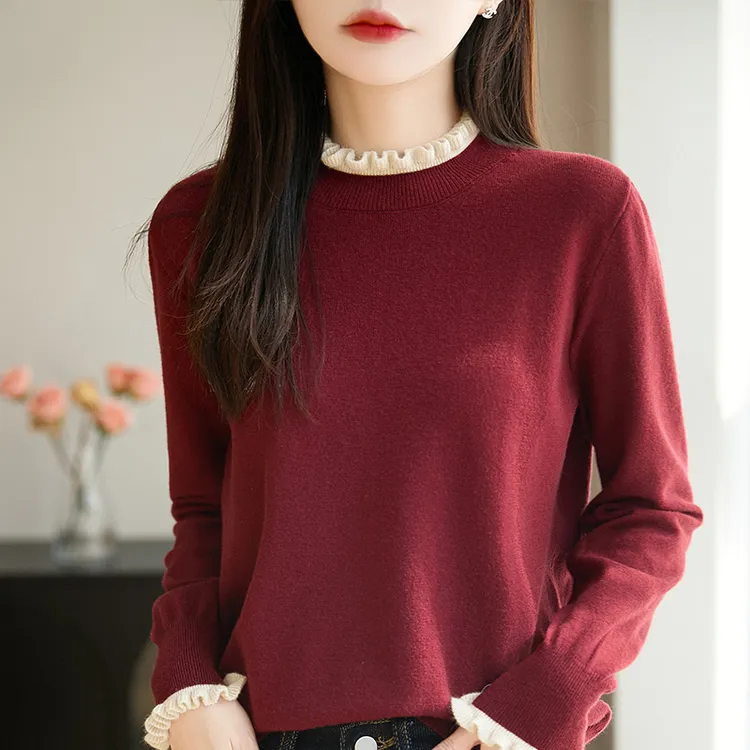 【现货宠粉】新款长袖针织衫女木耳领撞色套头显瘦法式毛衣轻奢打底