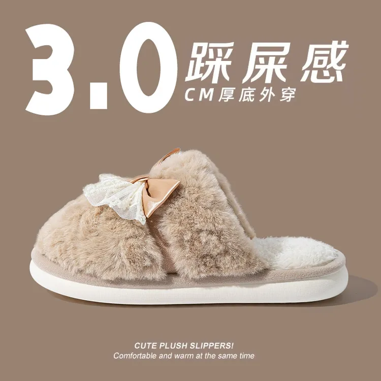 月子棉拖鞋厚底居家室内保暖防滑待客外穿加绒秋冬季蝴蝶结毛拖鞋