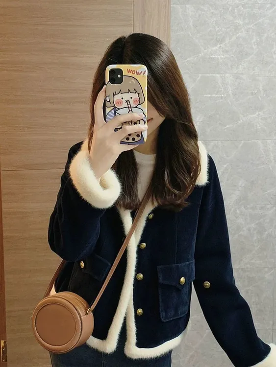 2025新款爆款巨好看初冬藏蓝色灯芯绒夹棉加厚羊羔绒拼接外套女