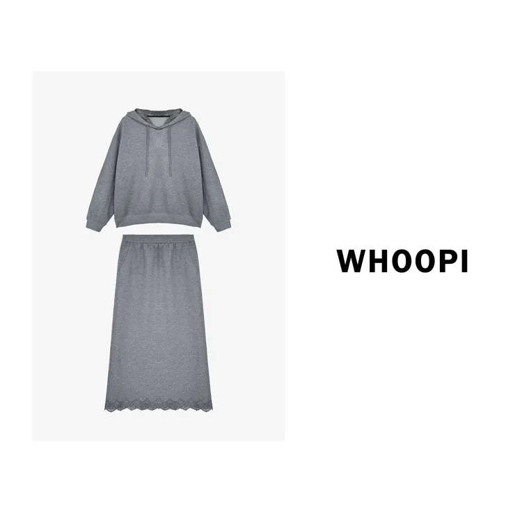 【Whoopi】【智性格蕾】 设计款拼蕾丝小众松弛卫衣裙套装