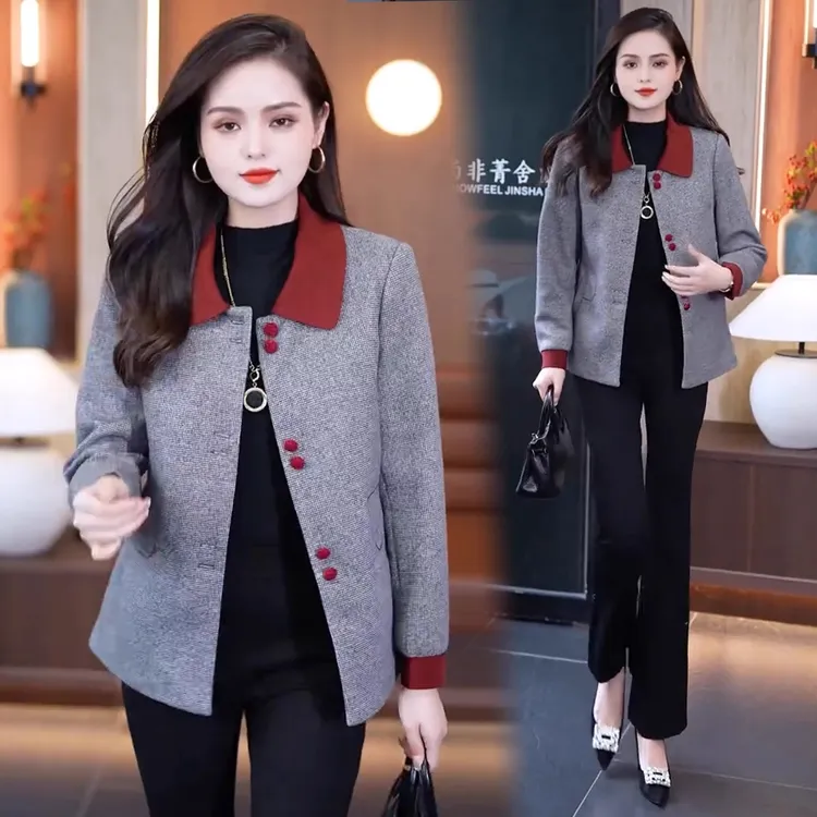 时尚短款外套女2025秋季新款洋气百搭显瘦拼色老年妈妈装开衫上衣