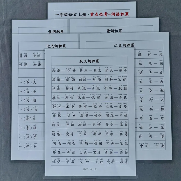 一年级语文上册重点必考词语积累近反义词学习课内外认知训练卡片