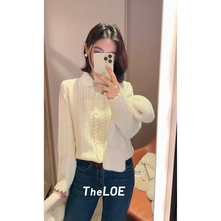 TheLOE/百分百羊毛花边领单排扣长袖针织开衫397g#12.22ZZ-G7585