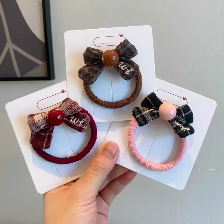 儿童珠珠蝴蝶结发圈韩版格纹扎头发皮筋新款不伤发小女孩马尾发绳