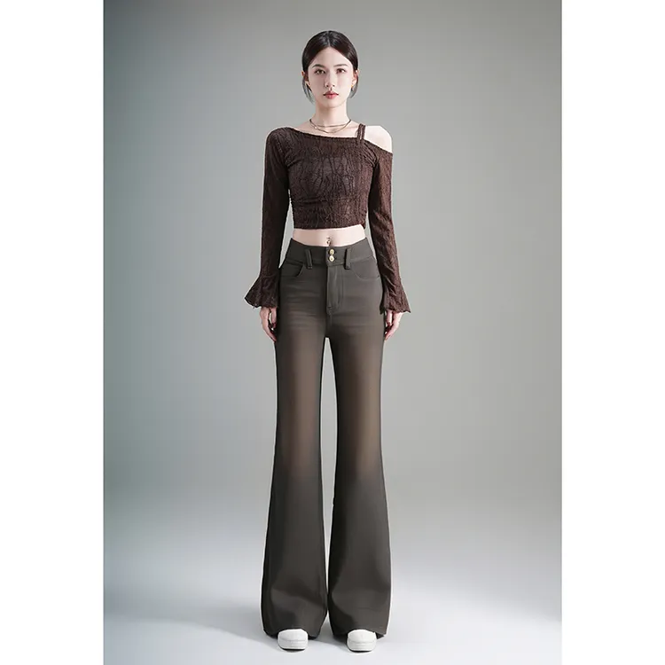 悉妍25年新款原创秋冬加绒加厚咖色牛百搭高级显瘦高腰筒喇9989