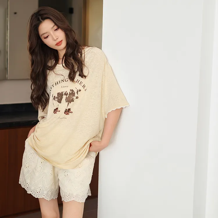 美腾25年夏季新款睡衣女短袖甜美家居服7A抗菌圆领宽松可外穿套装