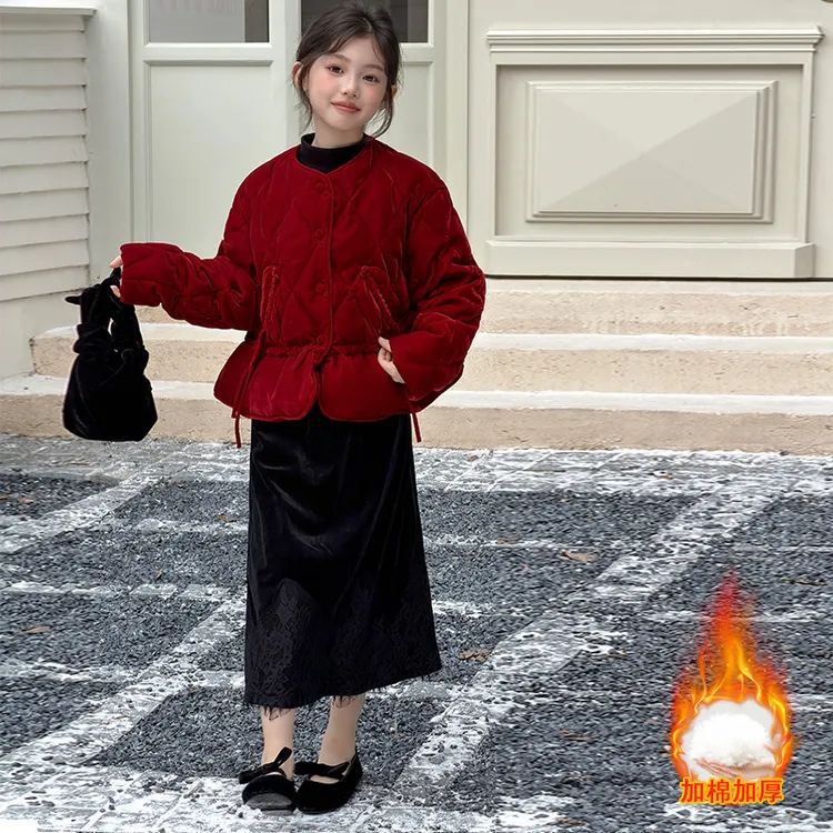 女童外套儿童棉衣秋冬装2025新款大童新年战袍拜年服时髦红色上衣
