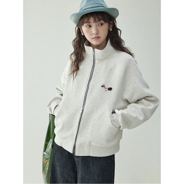 小狗刺绣外套女双拉链卫衣2025秋冬新款立领开衫休闲百搭长袖上衣