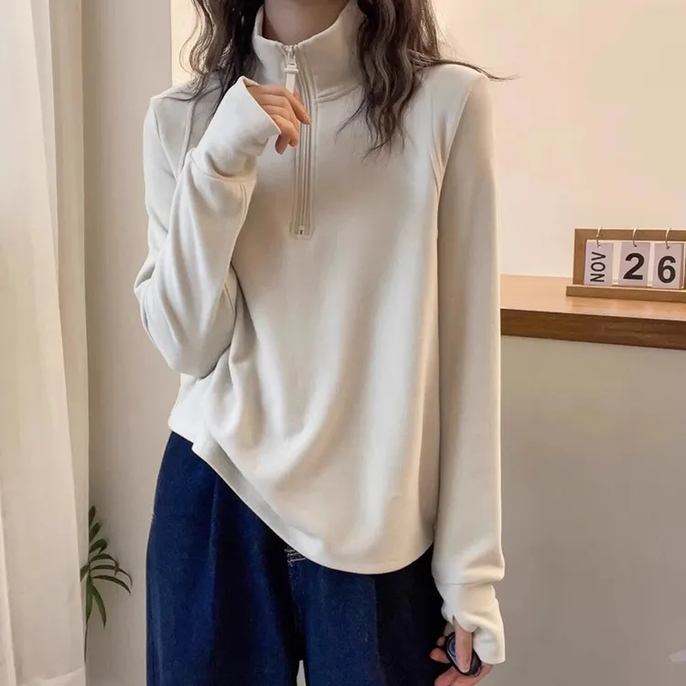 秋冬新款卫衣女休闲套头立领磨毛拉链长袖时尚显瘦纯色百搭上衣女