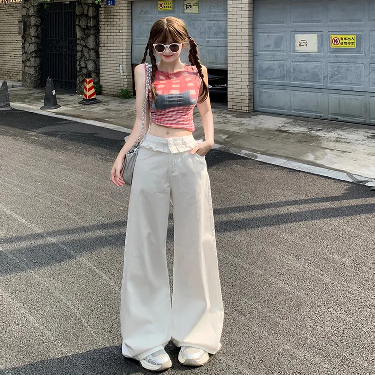 白色花边肌理感宽松阔腿牛仔裤女2025夏季薄款小众垂感显瘦拖地裤