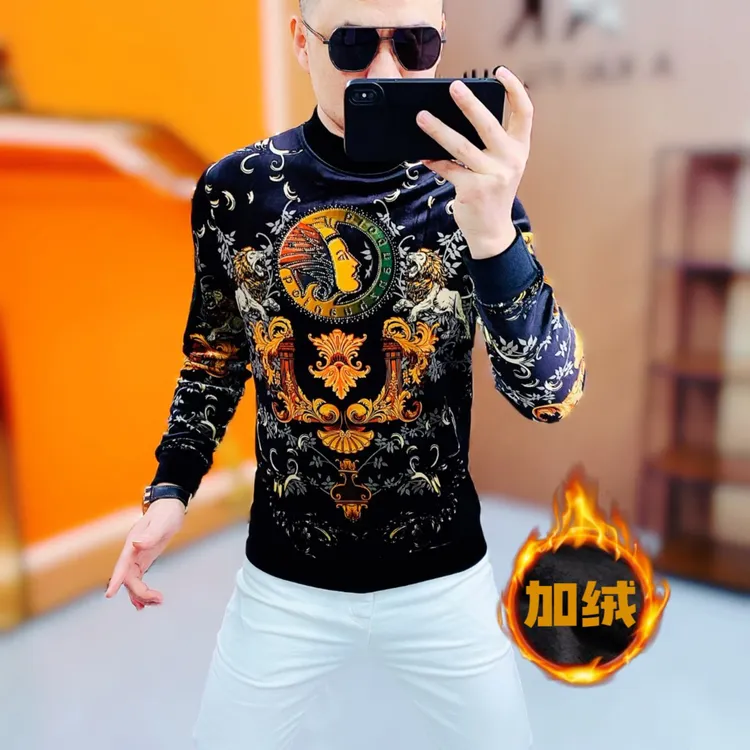 阿凯严选-欧货高品质冬季新款男士金丝绒加绒保暖中领卫衣打底