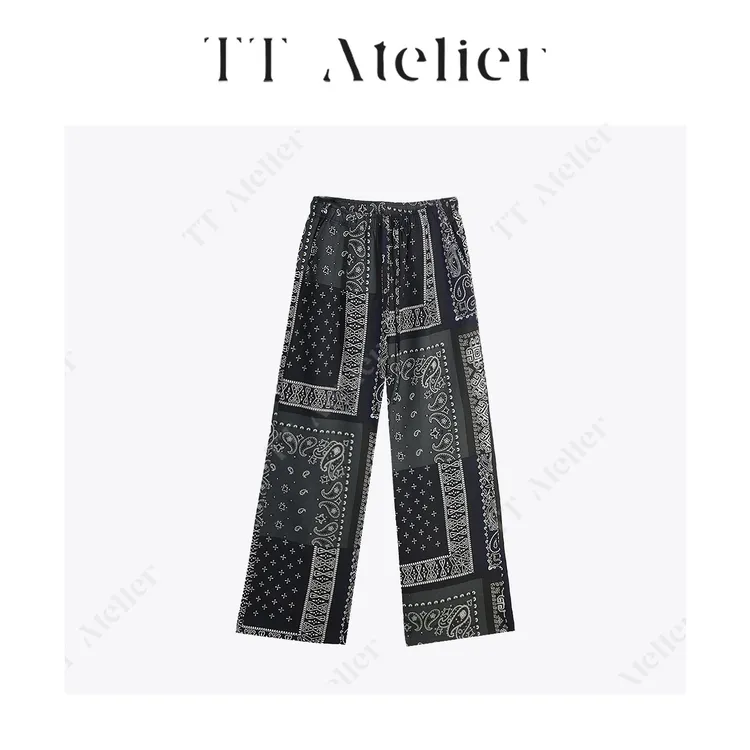 TT设计师【罗马假期】日系亚麻天丝腰果花直筒松紧腰休闲裤TT259868