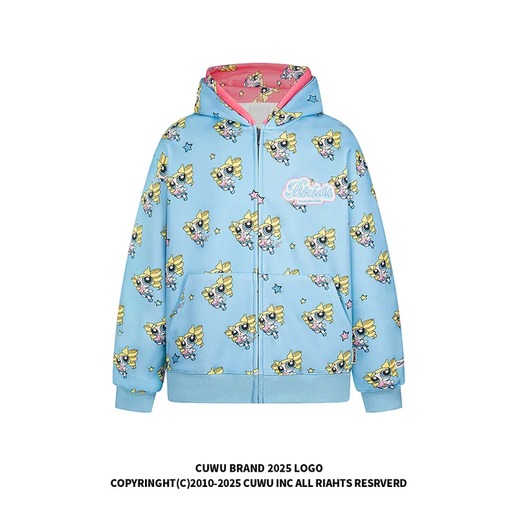 cuwu卡通满印飞天小女警印花连帽卫衣女男秋季慵懒风宽松休闲外套