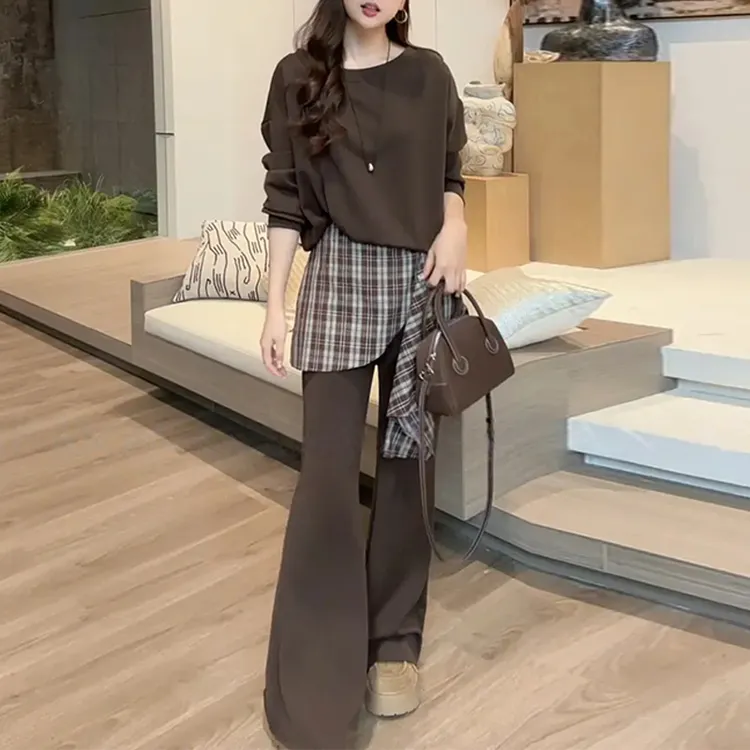 欧货休闲运动套装女2026年春秋新款露肩长袖卫衣显瘦微喇裤两件套