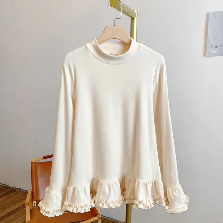 玛奇朵C5175磨毛德绒木耳边立领打底T恤