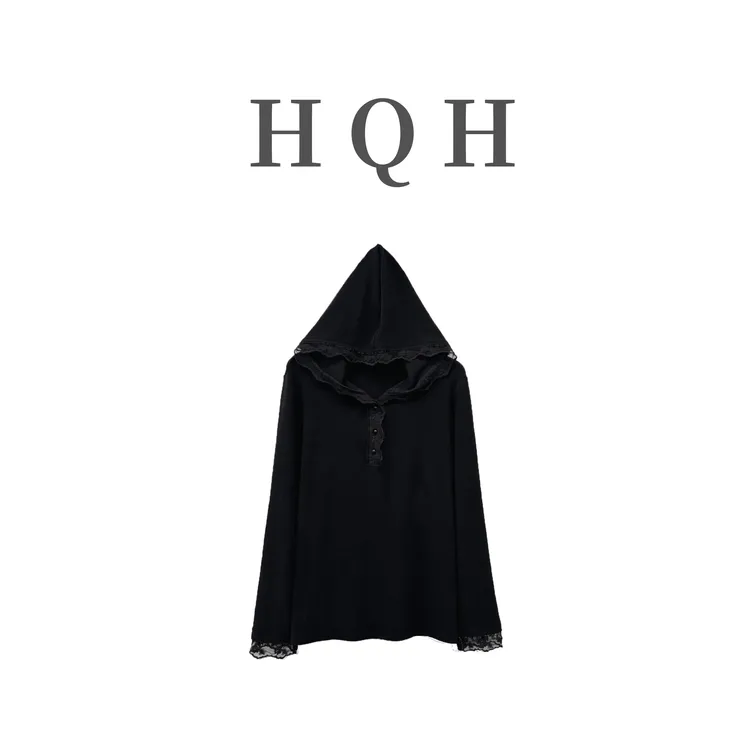 『1116#』气质重工设计蕾丝花边拼接连帽个性随意搭配显瘦蕾丝帽衫