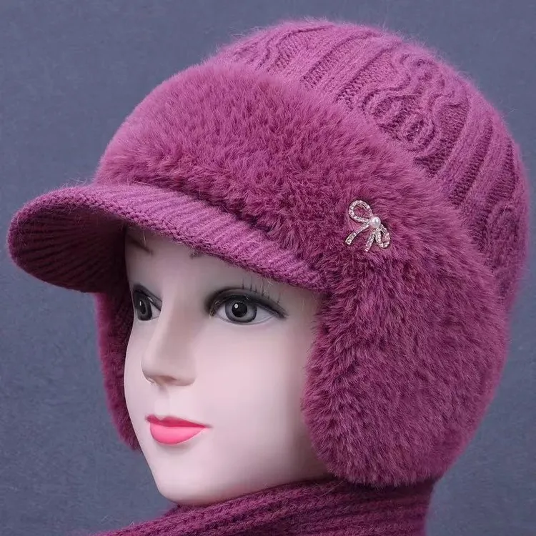 中老年人帽子护耳保暖秋冬兔毛针织帽防风加绒女士妈妈防寒毛线帽