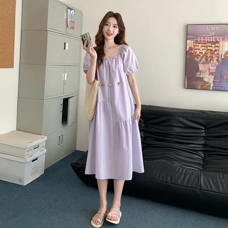 淡紫色法式泡泡袖连衣裙女夏季2025新款巨好看宽松a字中长款裙子