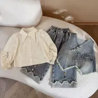 女童洋气秋装牛仔阔腿裤套装宝宝2025新款儿童韩版时髦三件套休闲