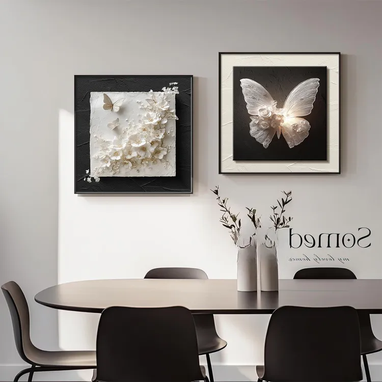 黑白蝴蝶高级感餐厅装饰画现代简约餐桌挂画法式轻奢卧室床头壁画