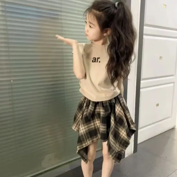 女童夏装套装2025新款韩版时髦休闲格子裤裙洋气短袖T恤潮款套