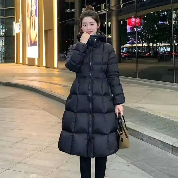 2025新款加厚修身收腰中长款保暖棉服潮流风连帽双拉头抗寒外套