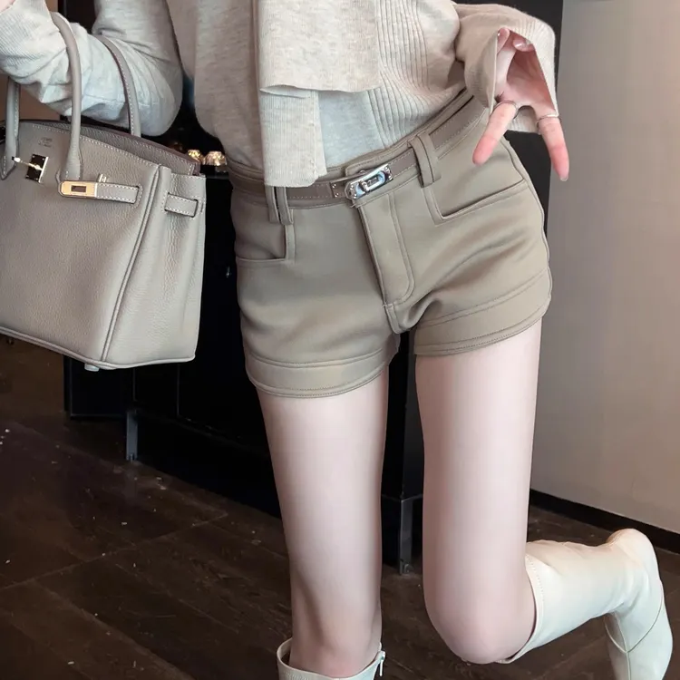 可搭四季卡其色百搭修身高腰裤弹力加厚短裤女包臀热裤 含腰带