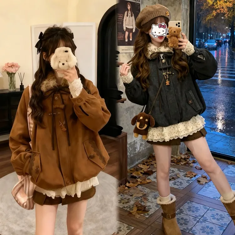 新款美拉德复古叠穿夹棉外套蕾丝花苞磨毛打底衫两件套