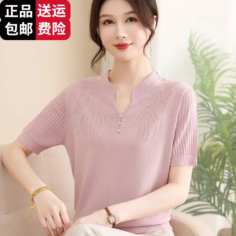 恒源祥彩羊中年妈妈夏装桑蚕丝针织短袖T恤2025新款中老年女气质