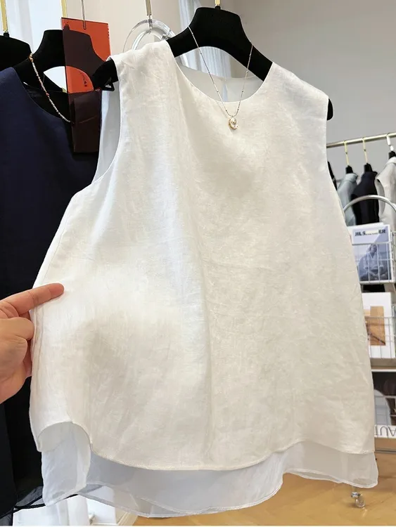 高级感拼接层次感假两件A字无袖衬衫背心女夏季外穿无袖坎肩上衣