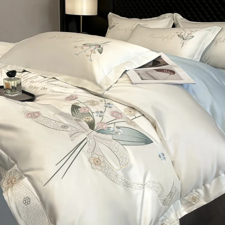 简约高档款A类200支长绒棉四件套全棉纯棉刺绣被套床笠款床上用品