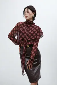 DENGDAHA「波伏塞曲」复古格调叠层披肩撞色格纹衬衫女飘带长袖A178