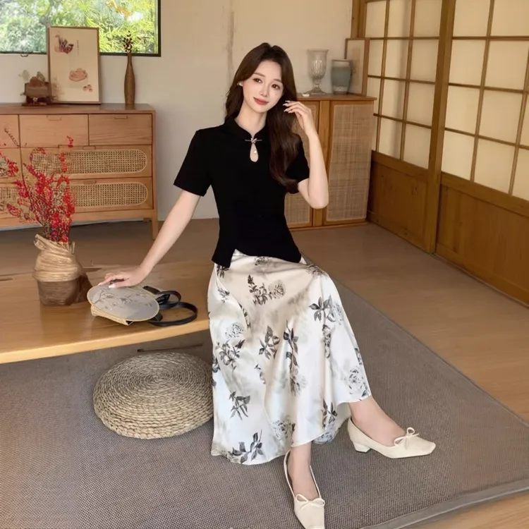 国风套装气质两件套新中式上衣水墨印花高腰长裙小个子气质显瘦
