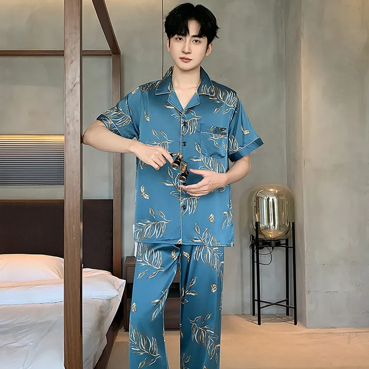 男士居家服2025新款短袖长裤睡衣男网红风冰丝薄款夏季舒适空调服