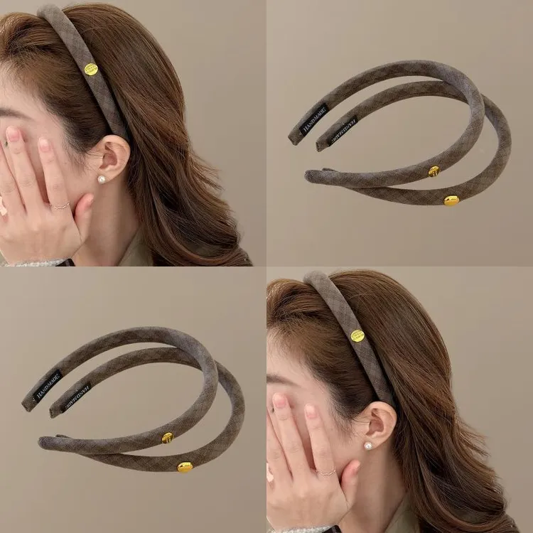 学院风金标窄边咖格纹发捆发箍女秋冬甜美气质发箍外出百搭压发饰